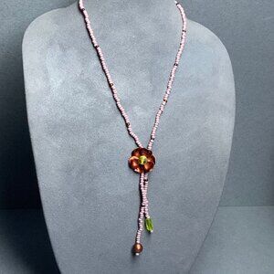 Beaded Boho Necklace 24 In Light Purple Copper Flower Lime Green Rhinestone